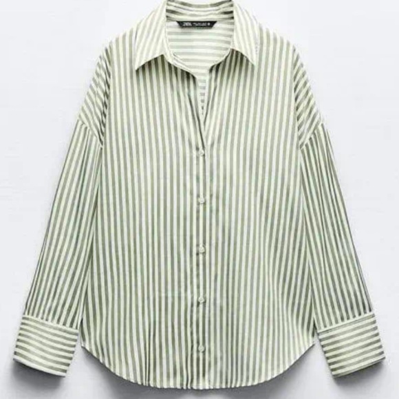 Zara Striped Poplin Shirt Green - Picture 1 of 1